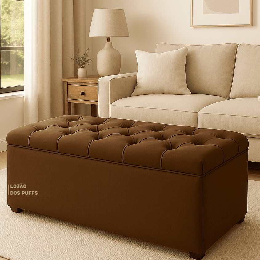 PUFF BAU CAPITONE SUEDE MARROM PÉ DE CAMA PORTA OBJETOS BRINQUEDO ROUPAS DECORAÇÃO CASA PROMOÇÃO BAÚ