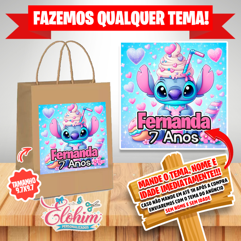 Rótulo Adesivo para personalizar sacolas Kraft / Craft - Stitch sorvete em Oferta na Shopee