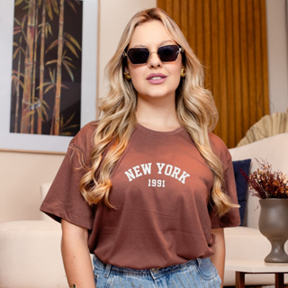 T-Shirt Feminina Estampada New York Blusa 100% Algodão Várias Cores em Oferta na Shopee