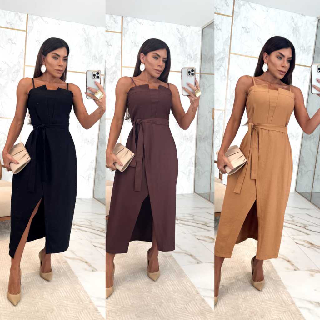 Vestido Acinturado Alfaitaria Com Fenda E Lastex Nas Costas, Com Bojo, Cinto - Elegante em Oferta na Shopee