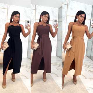 Vestido Acinturado Alfaitaria Com Fenda E Lastex Nas Costas, Com Bojo, Cinto - Elegante em Oferta na Shopee