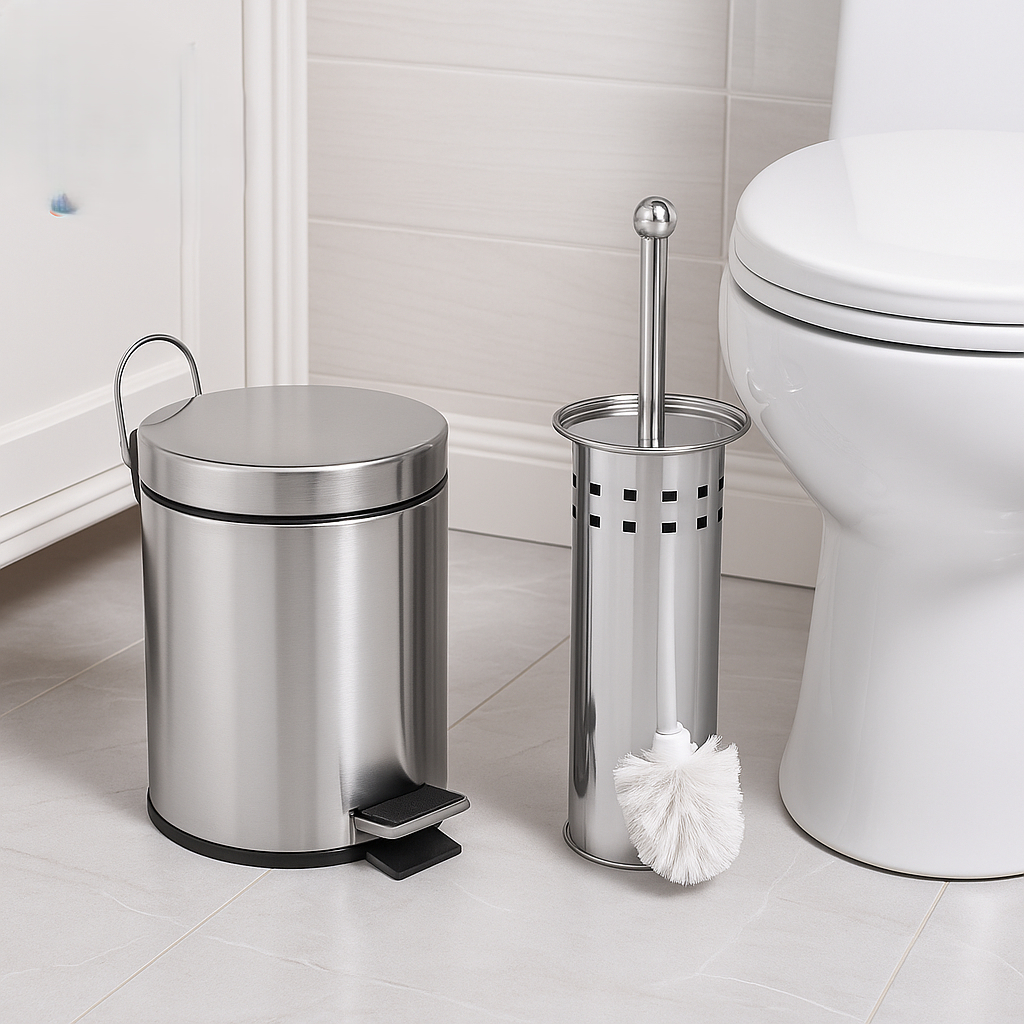 Kit Lixeira 3 litros Inox + Escova Sanitária para Banheiro Lixeira de Aço Inox Kit Lixeira 5 Litros