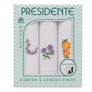 Kit 3 Lenço Feminino Presidente 100% Algodão Bordados Floral em Oferta na Shopee
