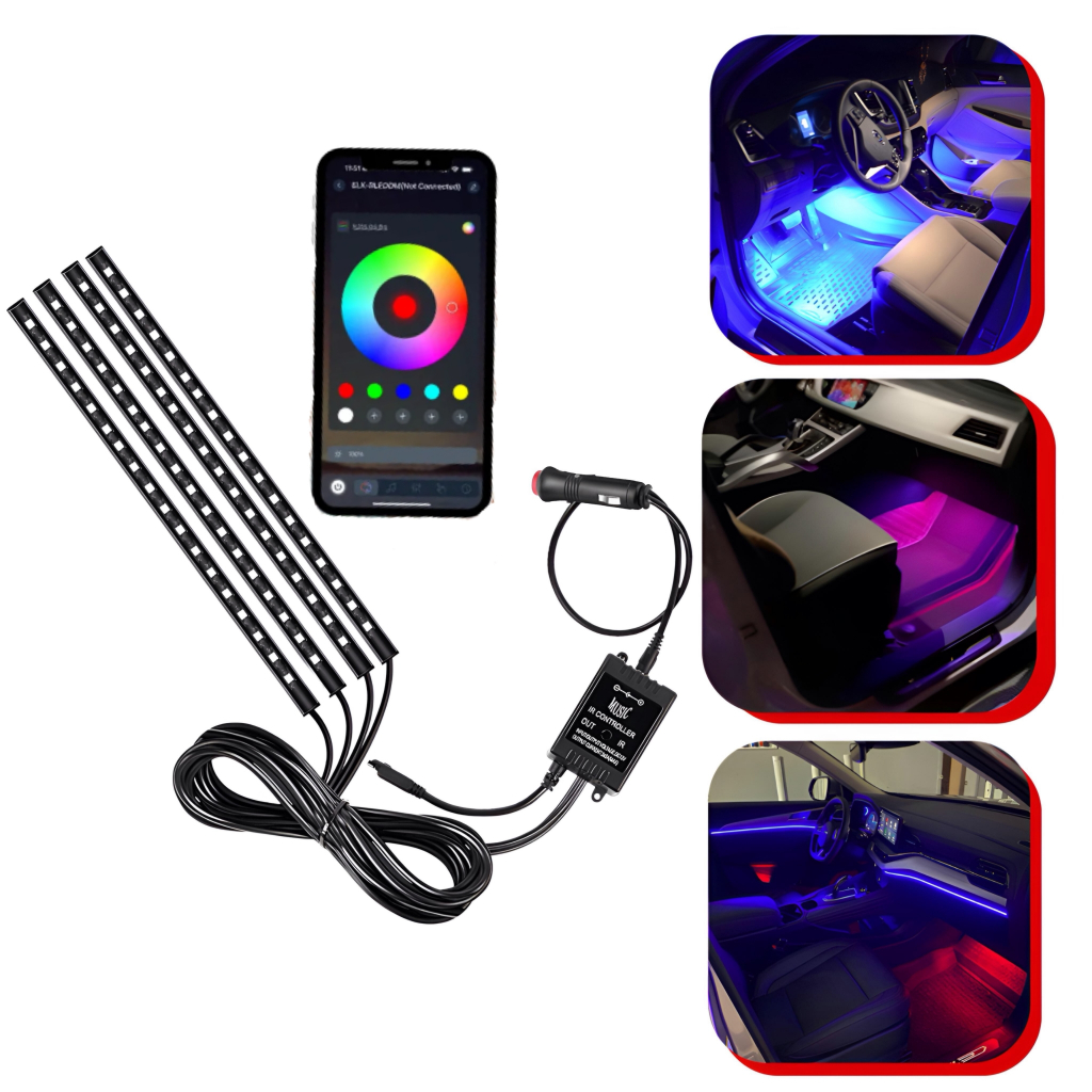 Kit Iluminação Neon Interior Carro Led Rgb Aplicativo Bluetooth 12v 4 Barras em Oferta na Shopee
