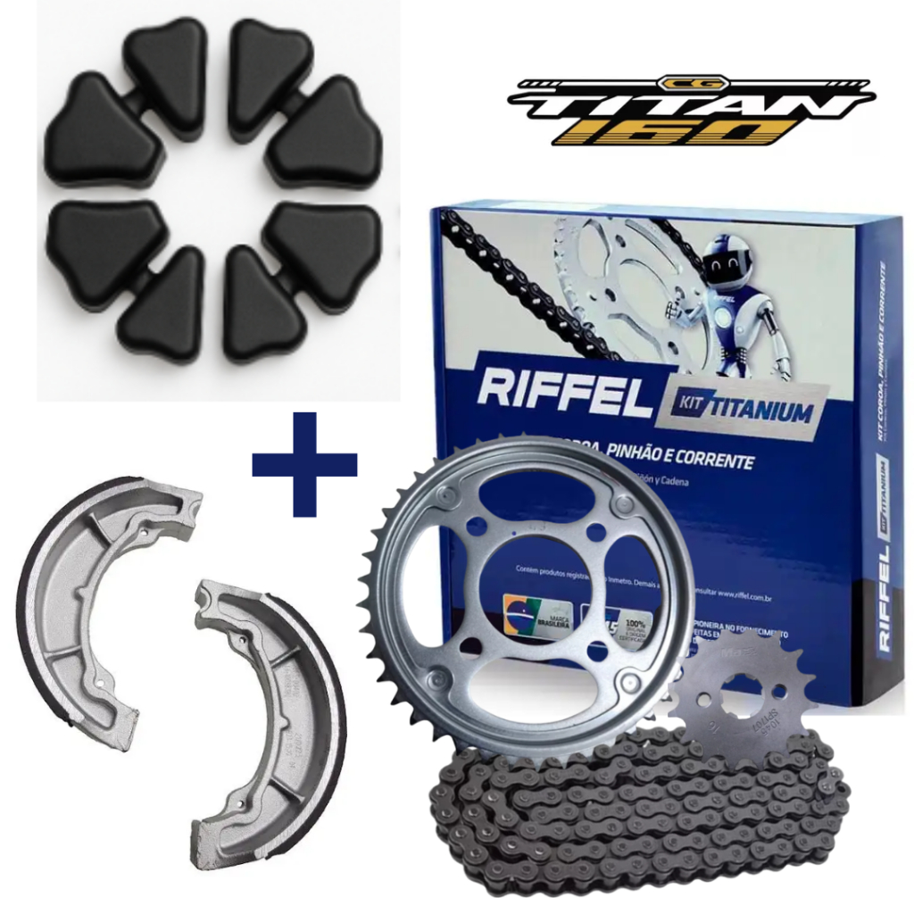 Kit Transmissão/Relação Original Riffel TITAN 160 START FAN 160 + Coxim Da Coroa + Patins De Freio em Oferta na Shopee