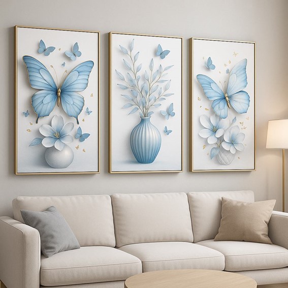 Kit 3 Quadros Borboleta Azul Vasos E Flores Charme E Delicadeza na Sua Parede em Oferta na Shopee
