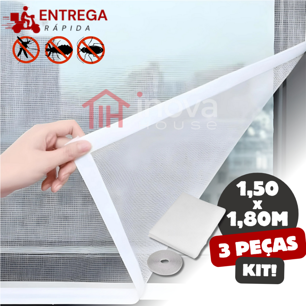 Jogo 3 Tela Mosquiteiro Janela 150x180cm com Fita de Contato Removível  – Proteção Contra Insetos