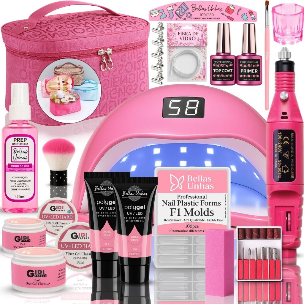 Kit Alongamento de Unha em Gel Polygel Poligel Fibra 3 em 1 Completo + Cabine Lixadeira Nécessaire em Oferta na Shopee