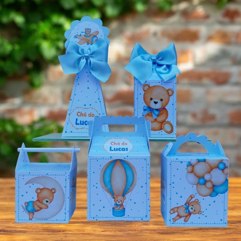 kit Festa Ursinho Azul Chá De Revelação Chá De Bebê Lembrancinhas Caixinhas Personalizados PEGUE E MONTE