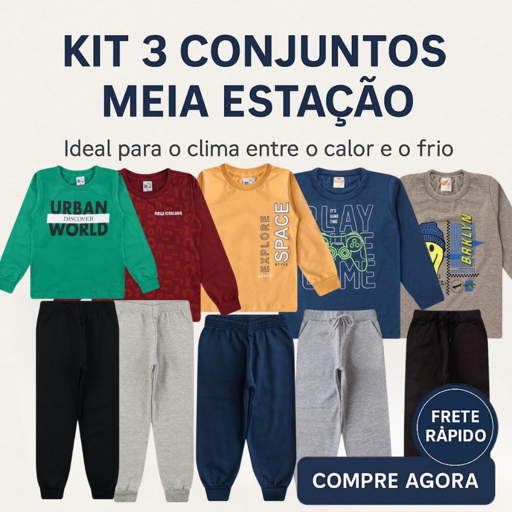 Kit 3 Conjuntos masculino de meia estação sortidos de inverno 2 ao 16 anos