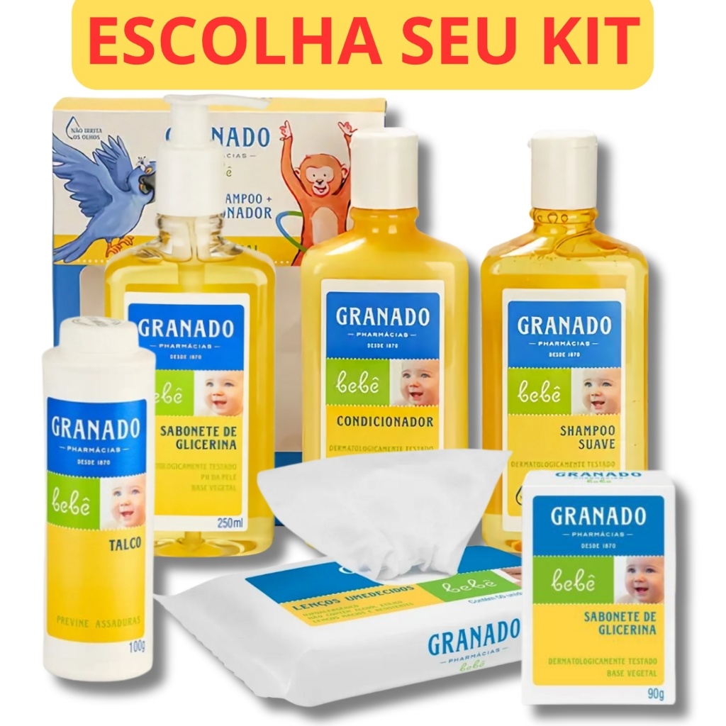 Kit Banho Granado Bebê Shampoo Condicionador Sabonete Talco Lenço Umedecido Tradicional Vá...