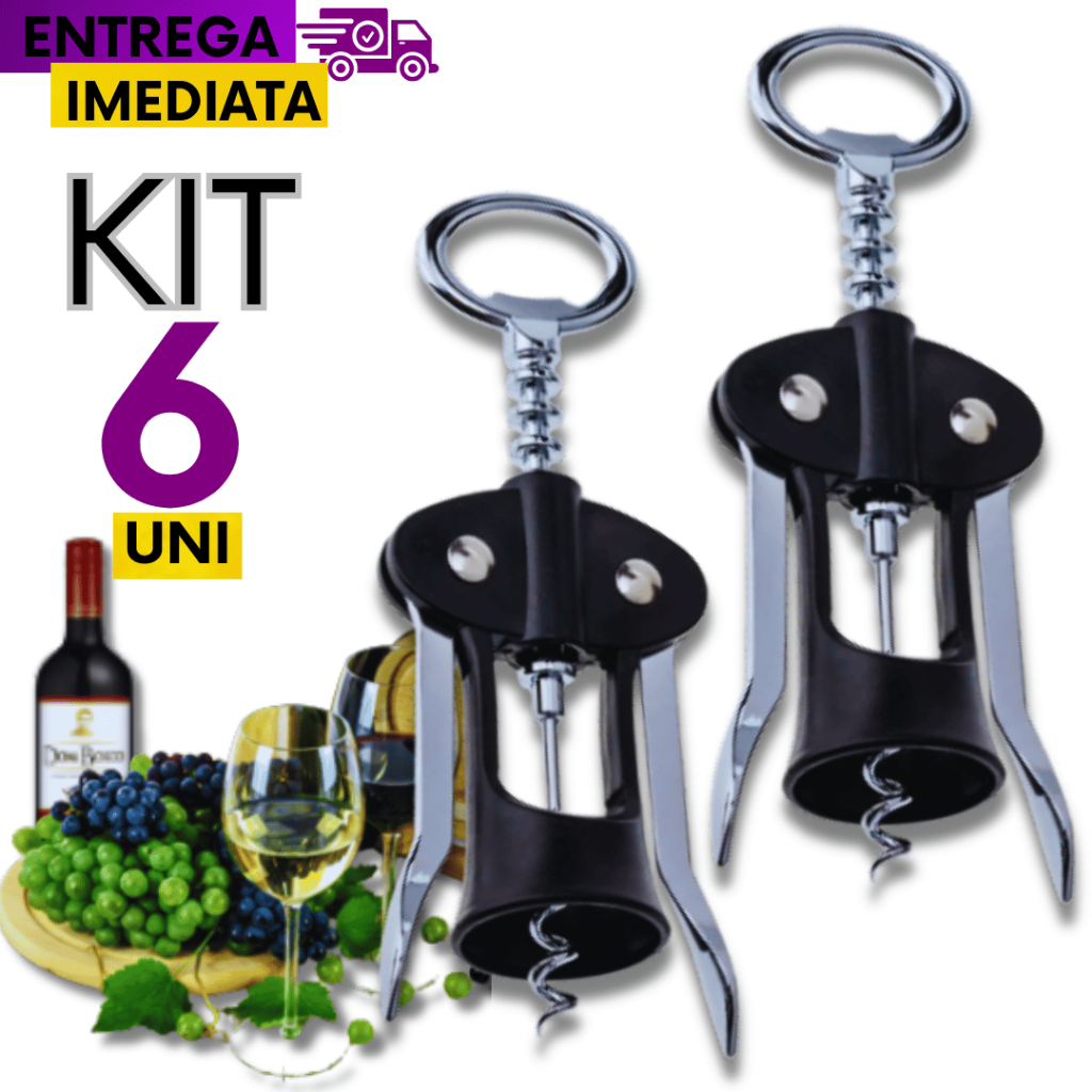 Conjunto Kit Pascoa 06 Peças Saca Rolha e Abridor de Garrafa Borboleta Com Alavanca Vinho Bar Adega