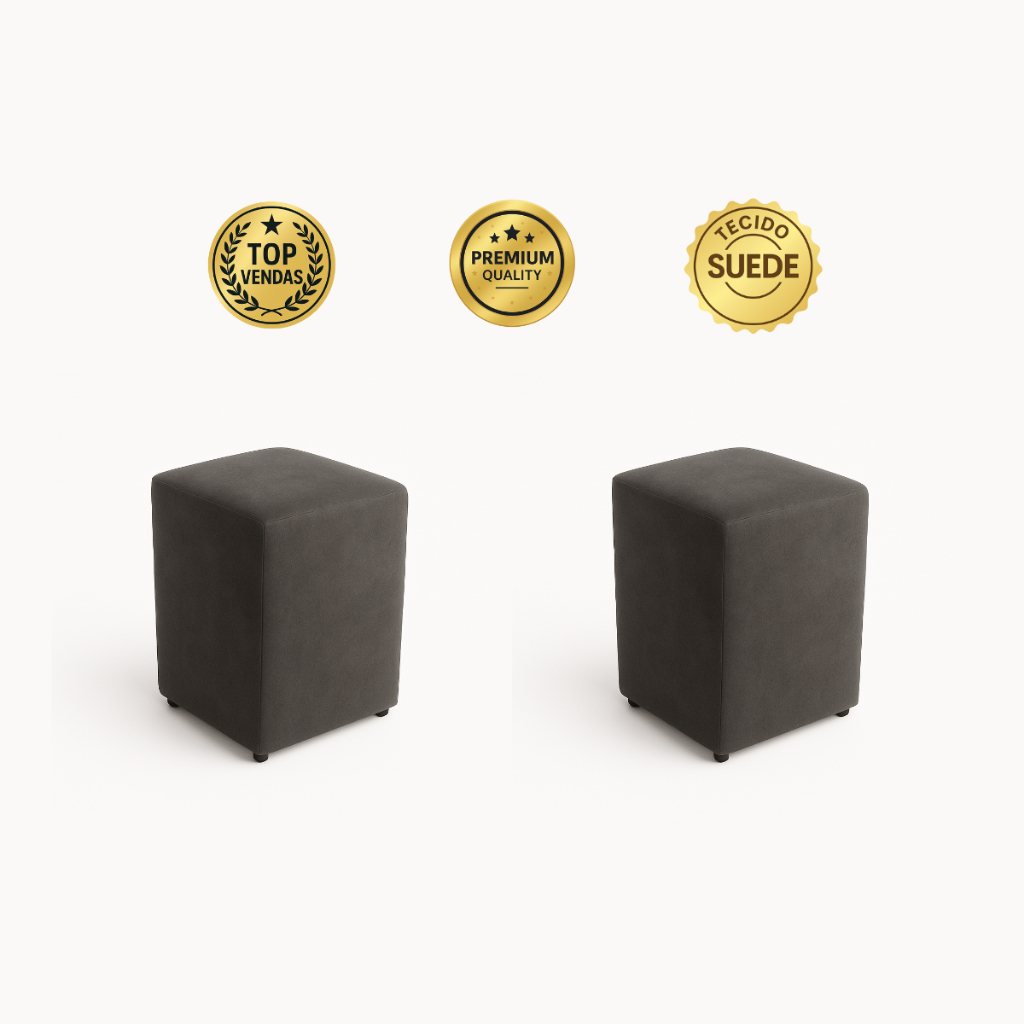 Kit Puff e Banqueta Decorativo 02 Unidades Quadrado Estofado em Tecido Suede - Decoração para Quarto e Sala