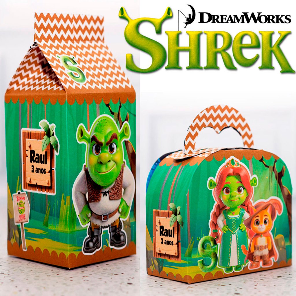 KIT SHEREK -  Caixa Maleta e Milk Personalizada - Lembrancinha Festa Infantil - Kit Shrek e Fiona - PEGUE E MONTE