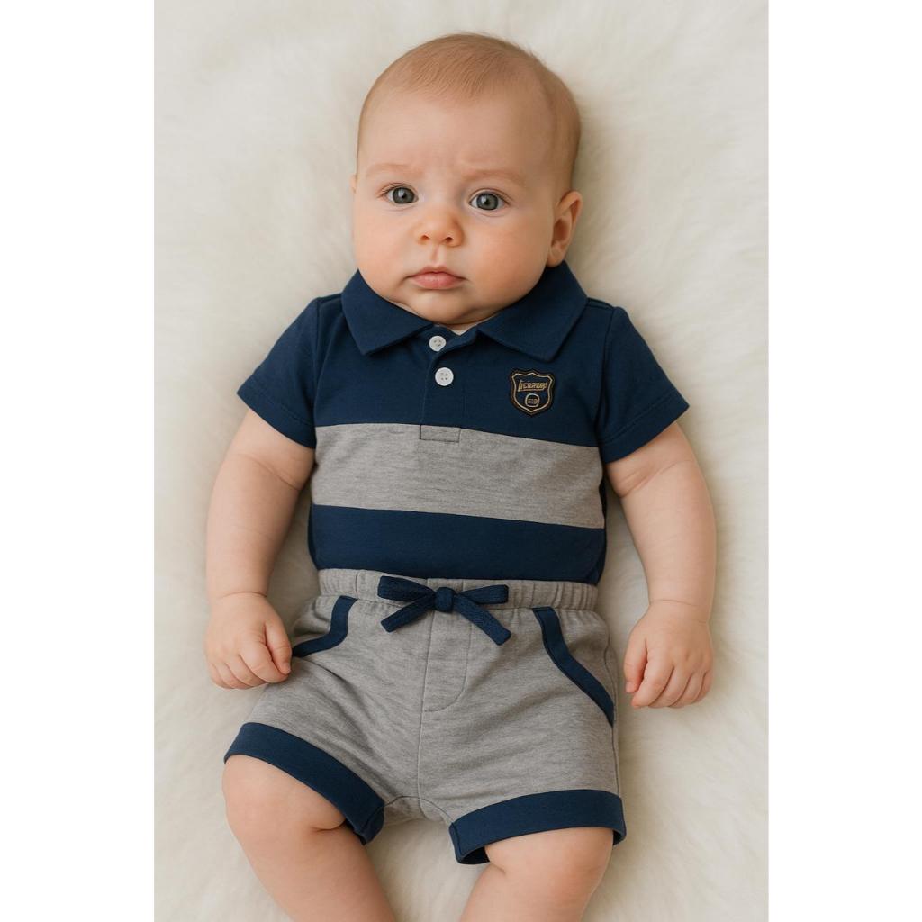 Conjunto Bebê Camisa gola Polo e Shorts Estilo Mauricinho - Camiseta Elegante Baby recém nascido