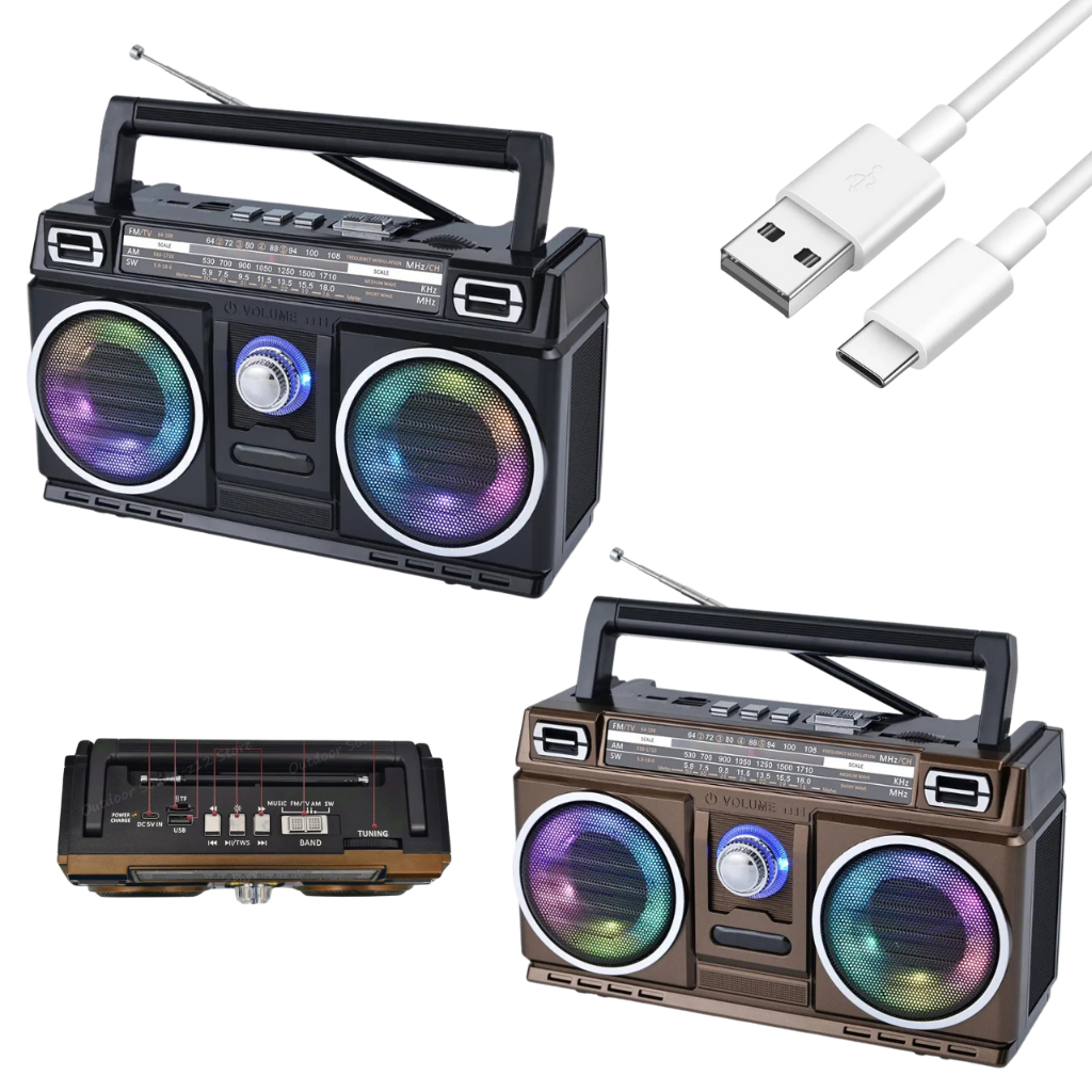 Rádio Retrô Bluetooth Recarregável Portátil Led Colorido AM/FM TWS com Alça Bivolt 110V/220V em Oferta na Shopee