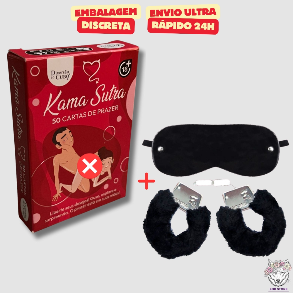 Kit Baralho Kama Sutra 50 Cartas de Prazer Hétero + Algema Sexy Metal Pelúcia + Venda Tapa Olhos