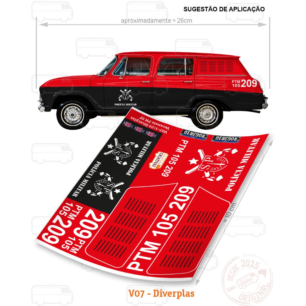 Decal Polícia MIlitar PM SP ano 60 e 70 - Veraneio Fusca - Decais Decalque WaterSlide