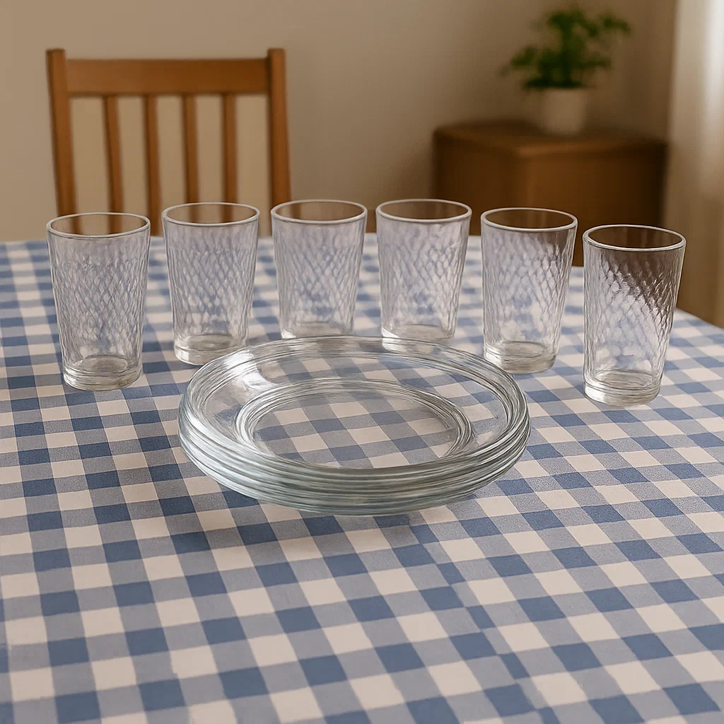 Kit 12 Pratos + 12 Copos de Vidro Transparente Jogo Conjunto Mesa Comida Almoço Jantar Servir Louça Restaurante Buffet