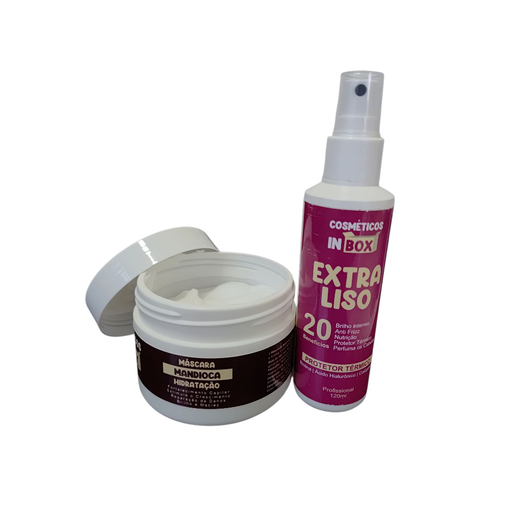 Kit Protetor Térmico + Máscara Mandioca Linha Profissional Hidratação Profunda Pós Química Pós Progressiva