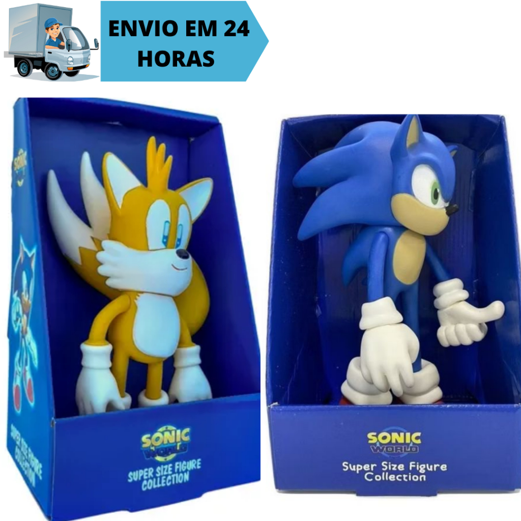 Kit 2 Bonecos Sonic E Tails 28cm Collection Grandes Articulado Super Size Sonic World Brinquedo