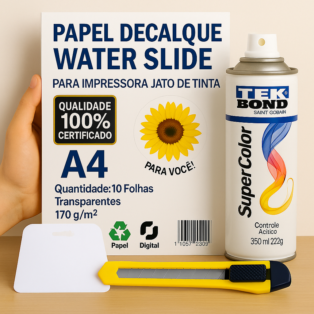 Papel Decalque WaterSlide A4 Gomado Toboágua transparente ou Branco 10 Folhas + Verniz em Oferta na Shopee