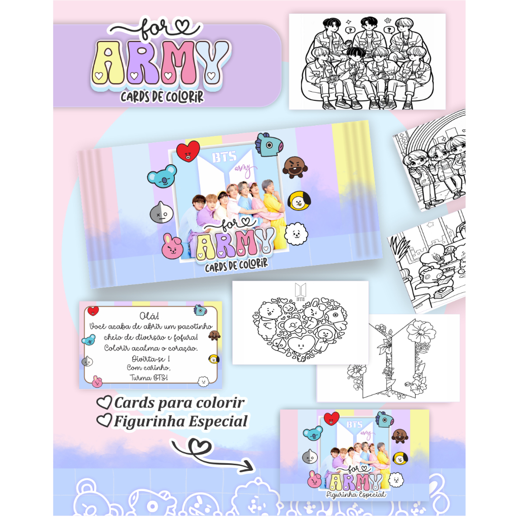 Cards BTS - ARMY para Colorir + Card Holográfico Colecionável | Presente Criativo | DIY Arte
