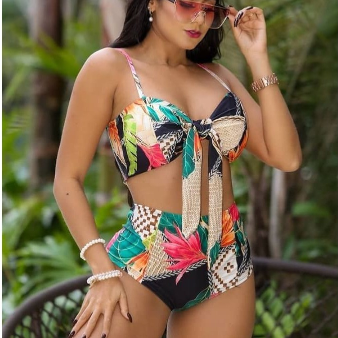biquíni  Plus size hot pants  cintura alta feminino estampado  lançamento  florido cd67