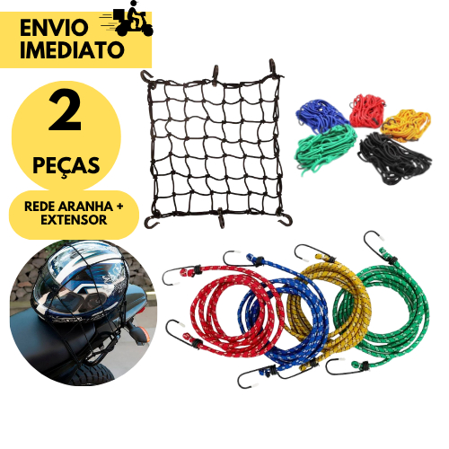Kit 2 1 Rede Aranha Elástica 30x30cm + 1 Extensor Elástico C/ 2 Ganchos P/ Moto Bagageiro Cargas em Oferta na Shopee