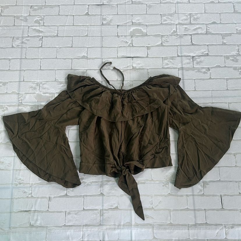 blusa outono inverno verde musgo M, blusa meia estação com manga princesa 40, blusa outono laço barriga (bazar, brechó)