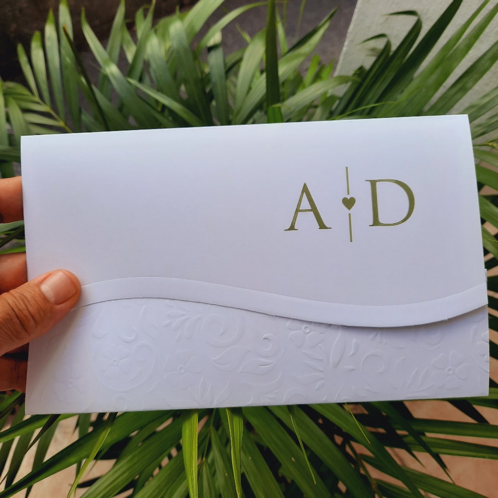 Convite casamento branco clássico com impressão em Verde Oliva - tamanho 13,5 cm x 21,5 cm Monograma verde oliva