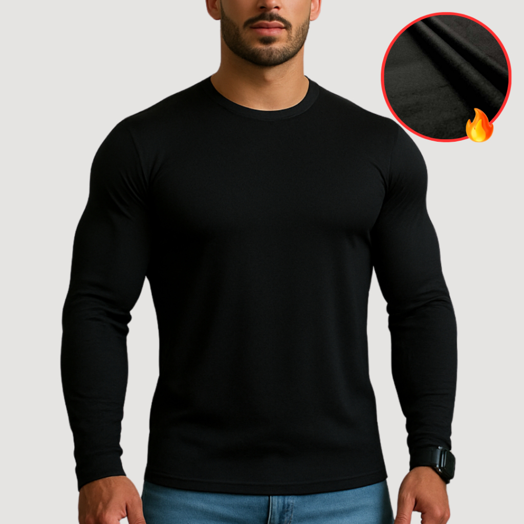 Camiseta Térmica Peluciada Masculina UV Blusa Segunda Pele Flanelada Academia Manga Longa Comprida
