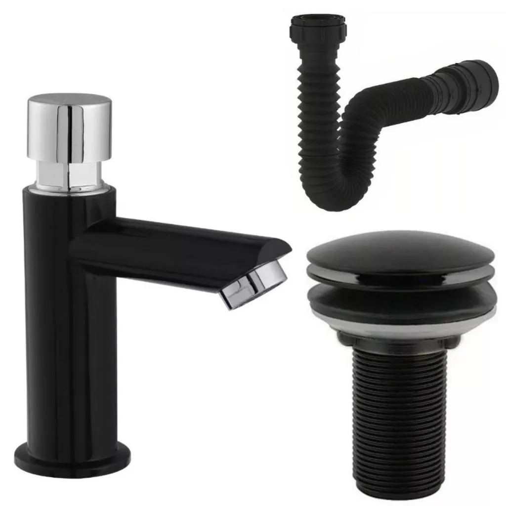 Kit Banheiro Luxo Preto – Torneira Automática Bica Alta + Válvula Click 7/8 + Sifão Universal ABS em Oferta na Shopee