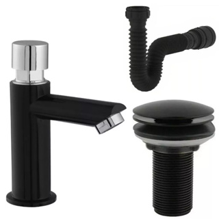 Kit Banheiro Luxo Preto – Torneira Automática Bica Alta + Válvula Click 7/8 + Sifão Universal ABS em Oferta na Shopee
