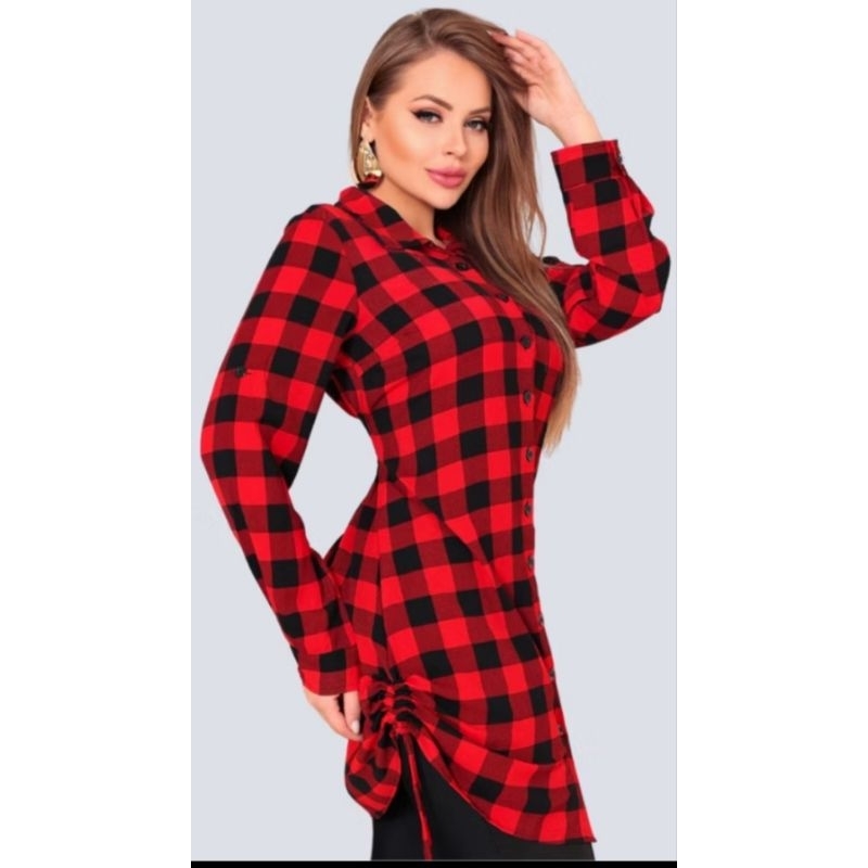 VESTIDO CHEMISE XADREZ FEMININO CREPINHO – SÃO JOÃO FESTA JUNINA, MANGA LONGA COM AMARRAÇÃO