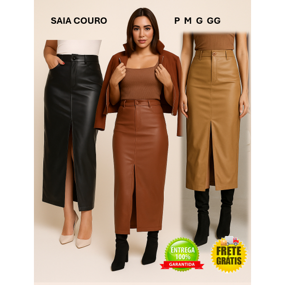 SAIA COURO LONGA MIDI SOCIAL COM FENDA E BOLSOS ELEGANTE