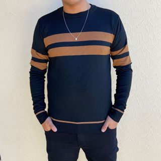 Suéter Masculino Blusa de Frio Tricot Listrada Tricô Inverno Gola Redonda Manga Longa Elegante em Oferta na Shopee