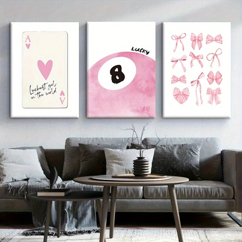 Kit Quadro Decorativo 3 Peças Laços rosa globo Luck you bola sinuca decoração