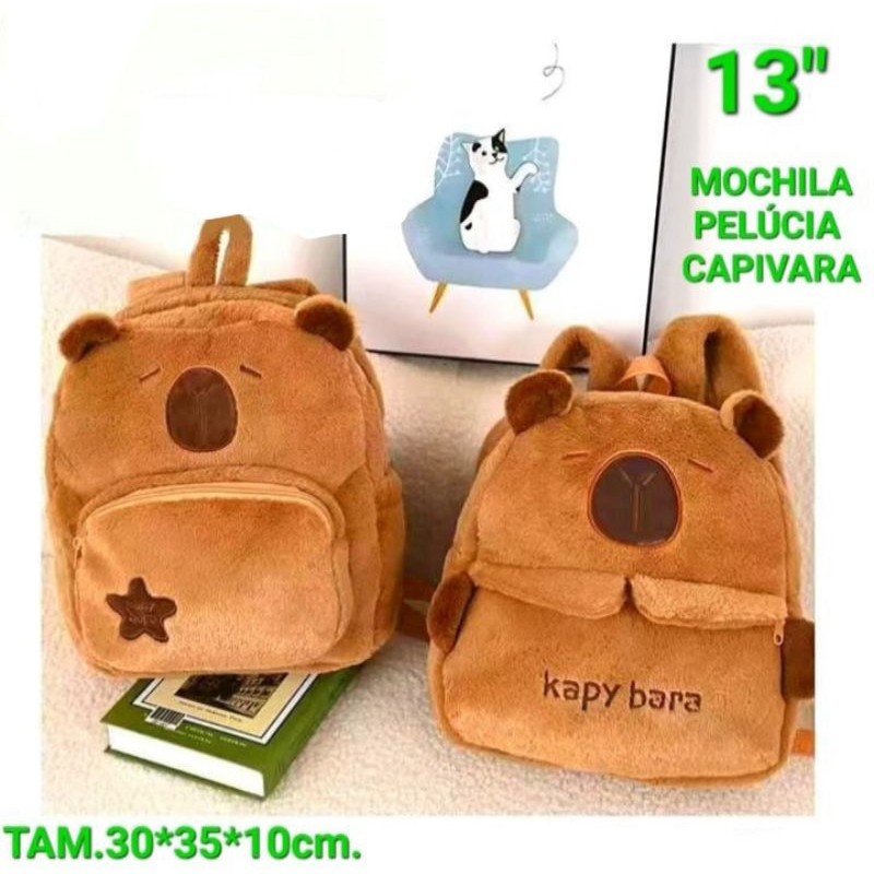 Mochila Infantil Capivara Em Pelúcia Marrom Design De Urso Com Estrela, Alça Ajustáveis 3955