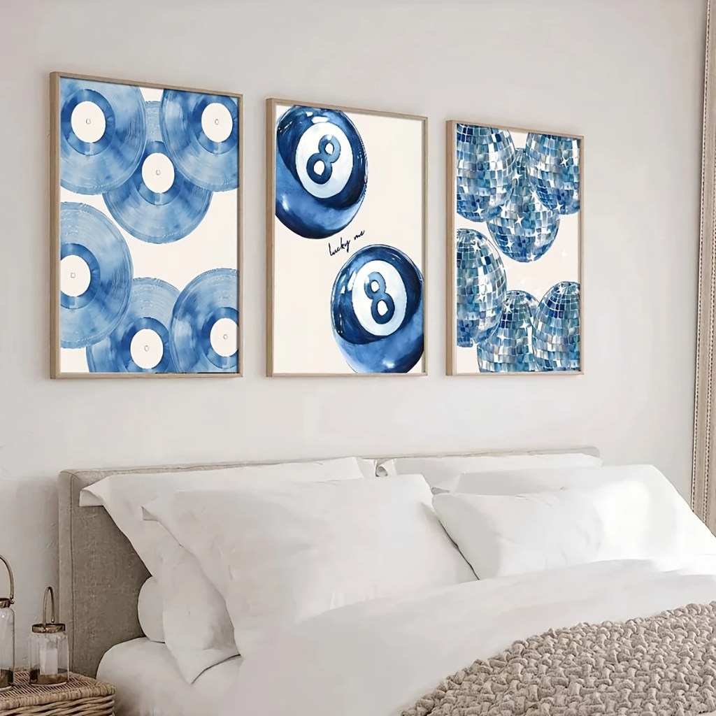 Quadro Decorativo 3 Peças Disco Luck you sinuca globos azul decoração sala quarto