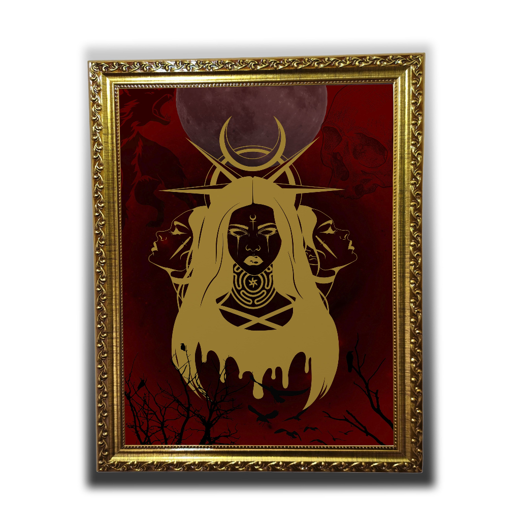 Quadro Luxo Hécate Deusa Wicca em Tecido Moldura Madeira Decoração Casa Presente