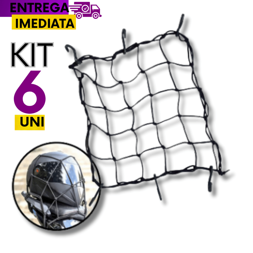 Jogo 06 Peças Rede elástica Com 6 ganchos de metal Elástico Rede Aranha P/ Capacetes e Carga 30x30cm Motos Bagageiro