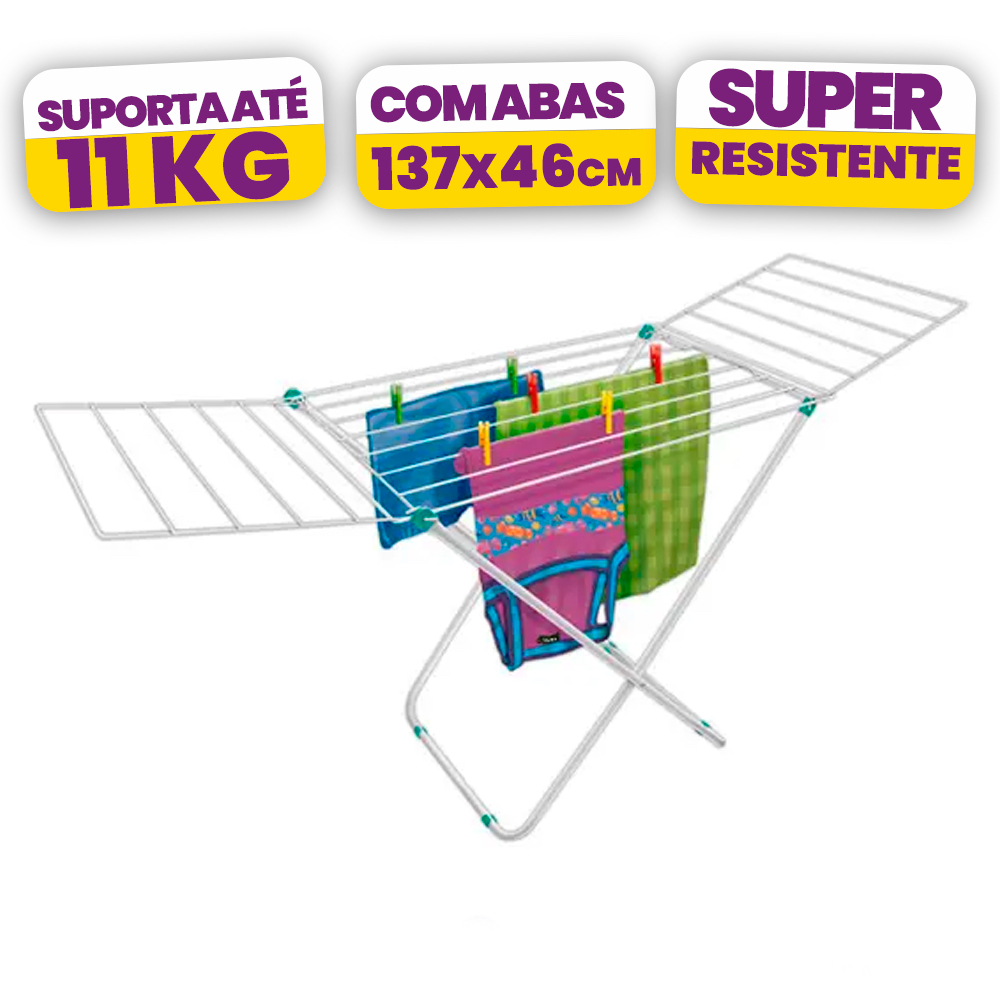 Varal de Chão com Abas Grande 1,37m— Dobrável, Super Resistente, Suporta Até 11kg, Portátil