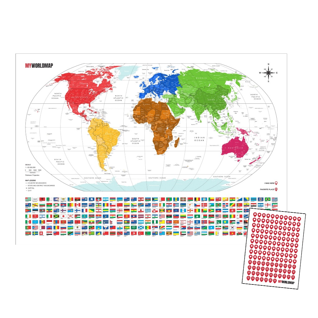 Mapa Mundi Viagens Gigante Colorido com Adesivos Pins - 5.000 Cidades e 230 Bandeiras - A1 - Não Mapa Raspar Raspadinha