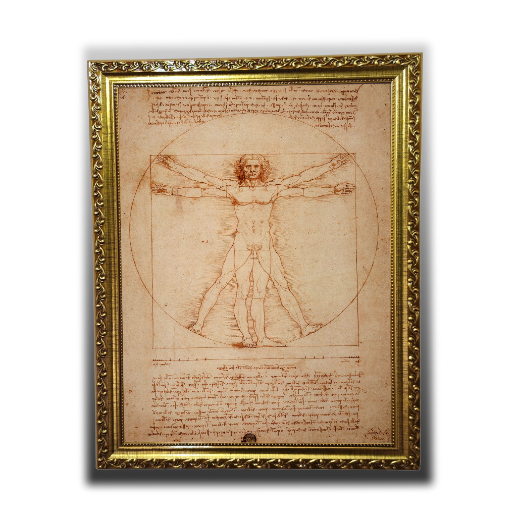 Quadro Luxo Homem Vitruviano em Tecido Moldura Madeira Decoração Casa Presente