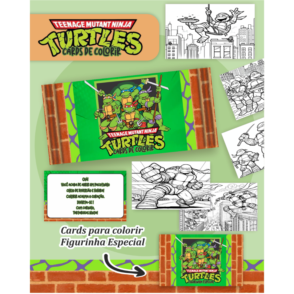Cards Tartarugas Ninja para Colorir com Holográfico Colecionável