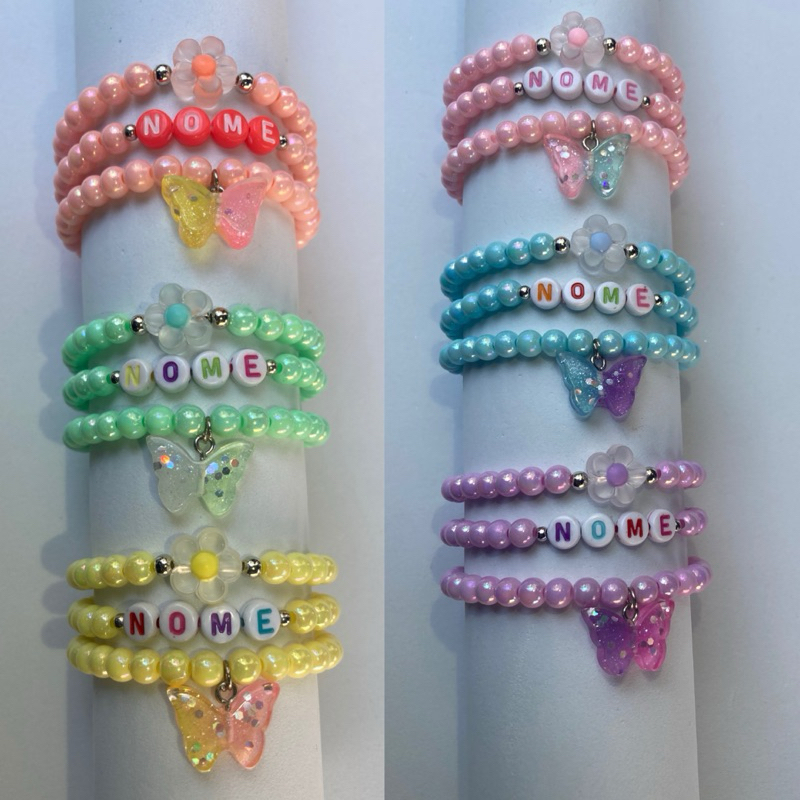 3 pçs Pulseira c/ Pingente Borboleta Personalizado Acessório Bijuteria Infantil Menina