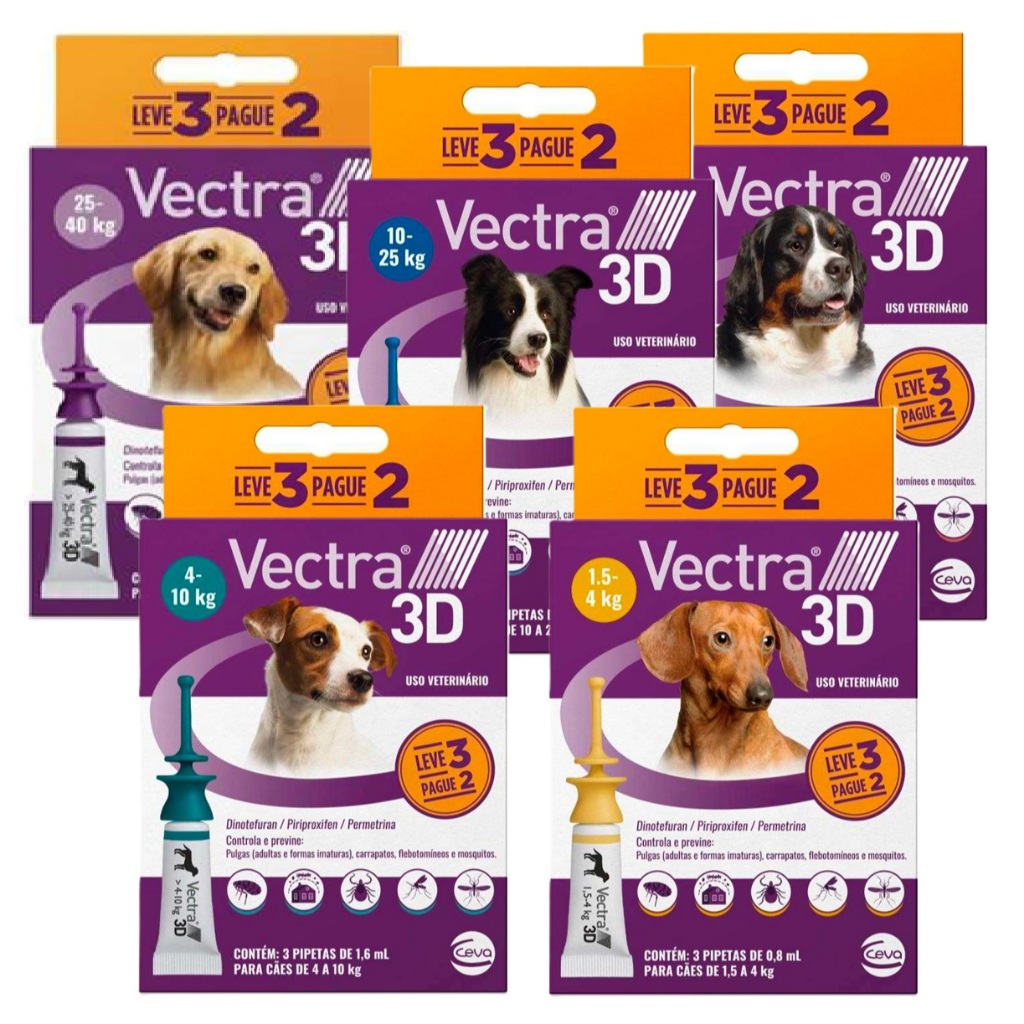 Vectra 3D 1,6ml Antipulgas e Carrapatos Ceva para Cães de 4 a 10Kg - Leve 3 Pague 2 em Oferta na Shopee