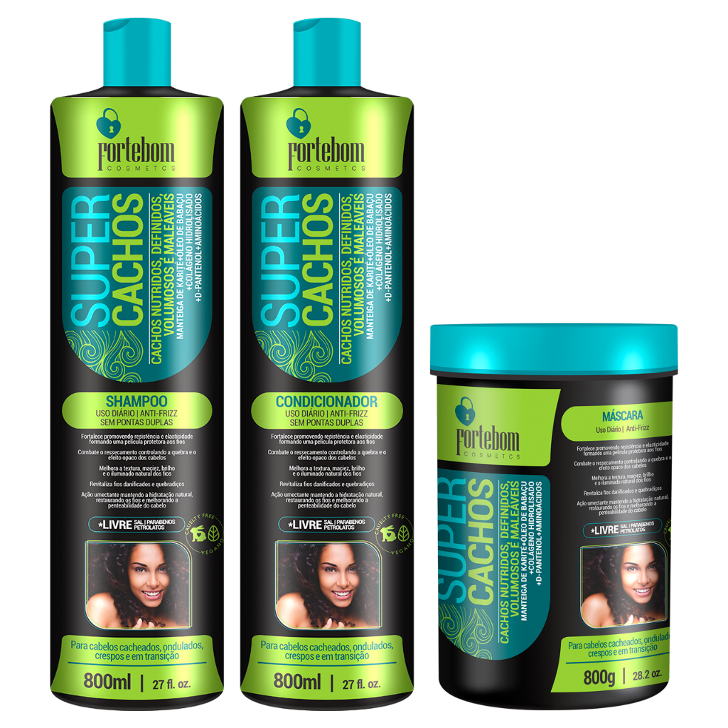 Kit Shampoo, Condicionador e Máscara Super Cachos ForteBom 800ml/g em Oferta na Shopee