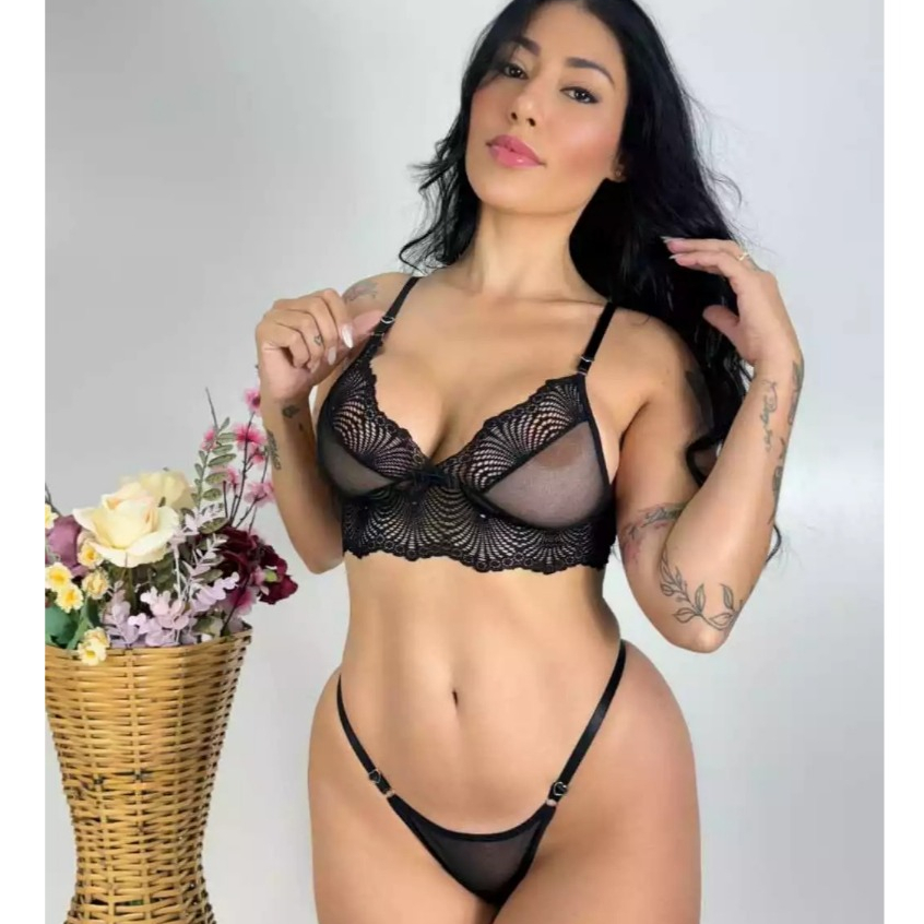Conjunto lingerie em tule com renda calcinha e sutiã com regulagem coração sem bojo